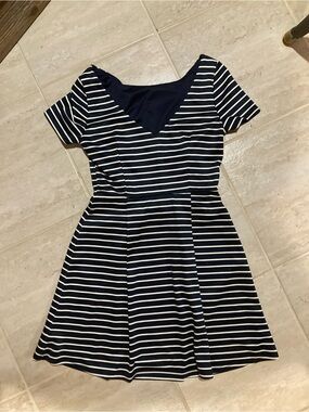 Pink Owl Navy & White Striped Fit-and-Flare Mini Dress with V-Back